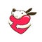 Cartoon dog hugging a heart symbol. adoption logo