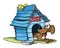 Cartoon dog selling his wooden blue house vector