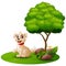 Cartoon dog sitting under a tree on a white background