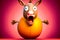 Cartoon donkey with its mouth wide open on orange ball with its tongue out. Generative AI
