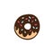 Cartoon donut with chocolate glaze. Colorful hand drawn doughnut icon. Vector unhealthy food