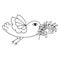 Cartoon doodle flying dove bird, pigeon with olive