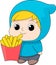 cartoon doodle illustration, baby boy is bringing delicious french fries to serve