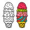 Cartoon doodle linear ice cream in a cone