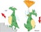 Cartoon dragon goes up the stairs and flies down with an umbrella. English grammar in pictures
