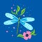 Cartoon dragonfly. Doodle bright colorful hand drawn insect with leaves and flowers, flying adder pink and blue colors modern