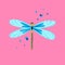 Cartoon dragonfly. Doodle bright colorful hand drawn insect with leaves and flowers, flying adder pink and blue colors modern