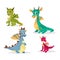 Cartoon dragons illustration of funny fairy magic smiling monster and happy cute creatures