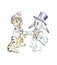 Cartoon drawing of a cat shaking paws with rabbit in fancy costume