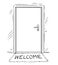 Cartoon Drawing of Closed Door With Welcome Text on Mat or Doormat