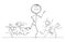 Cartoon Drawing of Crowd of People Running in Panic Away From Giant Man