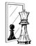 Cartoon Drawing of White Chess King Reflecting in Mirror as Black Pawn, Confidence Metaphor