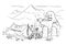 Cartoon Drawing of Yeti Who is Eating or Devouring Alpinist in Base Camp