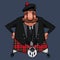 Cartoon dressed up scottish mustachioed highlander in kilt stands akimbo