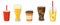 Cartoon drinks. Soft drinks, coffee, foamy beer, lemonade, soda pop and orange juice, tasty beverages flat vector illustration on