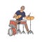 Cartoon drummer sitting and playing music on drum kit