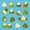 Cartoon dumplings. Dragon boat festival, cute rice dumpling stickers. Comic asian summer food zongzi, adorable chinese