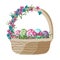 Cartoon easter baskets with painted eggs and spring flowers. Wicker basket full of chocolate egg, springtime holiday