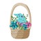 Cartoon easter baskets with painted eggs and spring flowers. Wicker basket full of chocolate egg, springtime holiday