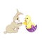 Cartoon Easter bunny and chick on isolated white background, vector cute rabbit and spring chiken in Cartoon style, isolated hare