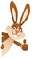 Cartoon Easter bunny giving thumbs up peeking behind blank board, lateral, upright