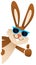 Cartoon Easter bunny giving thumbs up wearing sunglasses peeking behind blank board, lateral, upright