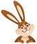 Cartoon Easter bunny standing behind blank board smiling