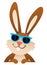 Cartoon Easter bunny wearing sunglasses standing behind blank board