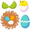 Cartoon easter icon set chicken nest egg shell.