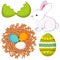 Cartoon easter icon set egg shell bunny chicken nest icon set.