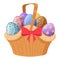 Cartoon easter wicker basket. Painted easter eggs in hamper handle basket, spring holiday celebration basket flat vector