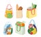 Cartoon eco reusable, paper or plastic bags with healthy fresh goods isolated on white. Shopping bags full of fruit