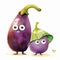 Cartoon eggplants with funny smiling faces. Watercolor illustration for children\\\'s book. Generative AI