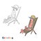 A cartoon elderly lady in sunglasses sunbathes on a deck chair. Vector illustration in the form of coloring and color example