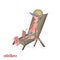 A cartoon elderly lady in sunglasses sunbathes on a deck chair. Vector illustration in the form of a shabby sticker