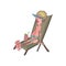 A cartoon elderly lady in sunglasses sunbathes on a deck chair. Vector illustration isolated on a white background