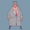 Cartoon elderly male official sadly standing in a gray coat and hat