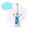 Cartoon electric tooth brush smiling mascot. Dental care ultrasonic character with dummy speech bubble.