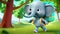 a cartoon elephant carrying a backpack and walking in a forest with trees and grass on the side