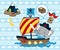 Cartoon of elephant the pirate on sailboat on fishes striped background