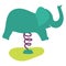 Cartoon elephant on spring, playful teal elephant bouncing. Cute whimsical childish artwork vector illustration