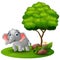 Cartoon elephant under a tree on a white background