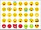 Cartoon emoji. Yellow and red evil round smiley, fun and sad facial emotion clipart. Online messenger sticker. Smile