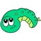 Cartoon emoticon of smiling green-faced caterpillar head, doodle draw kawaii