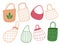 Cartoon empty eco bags. Organic flat string bags, paper and fabric shoppers, food market multiple use packaging, natural