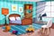 Cartoon empty kid boy bedroom with bed, telescope and bookshelf