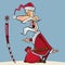 Cartoon enraged Santa Claus with bag of gifts shouting and pointing finger on a stick
