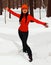 Cartoon enthusiastic woman in sportswear standing in winter forest