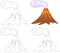 Cartoon erupting volcano. Vector illustration. Coloring and dot