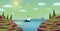 Cartoon evening background big ocean and landscape area with mountains, boat, trees, sky, clouds vector illustration